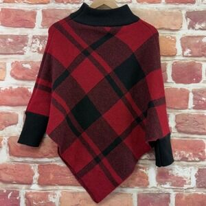 Double Zero Poncho Sweater Women's Small Red Black Plaid Knit Turtleneck Popover